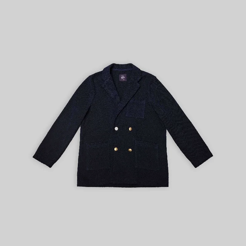 Handwoven Navy Double-Breasted Jacket with Mettalic Buttons