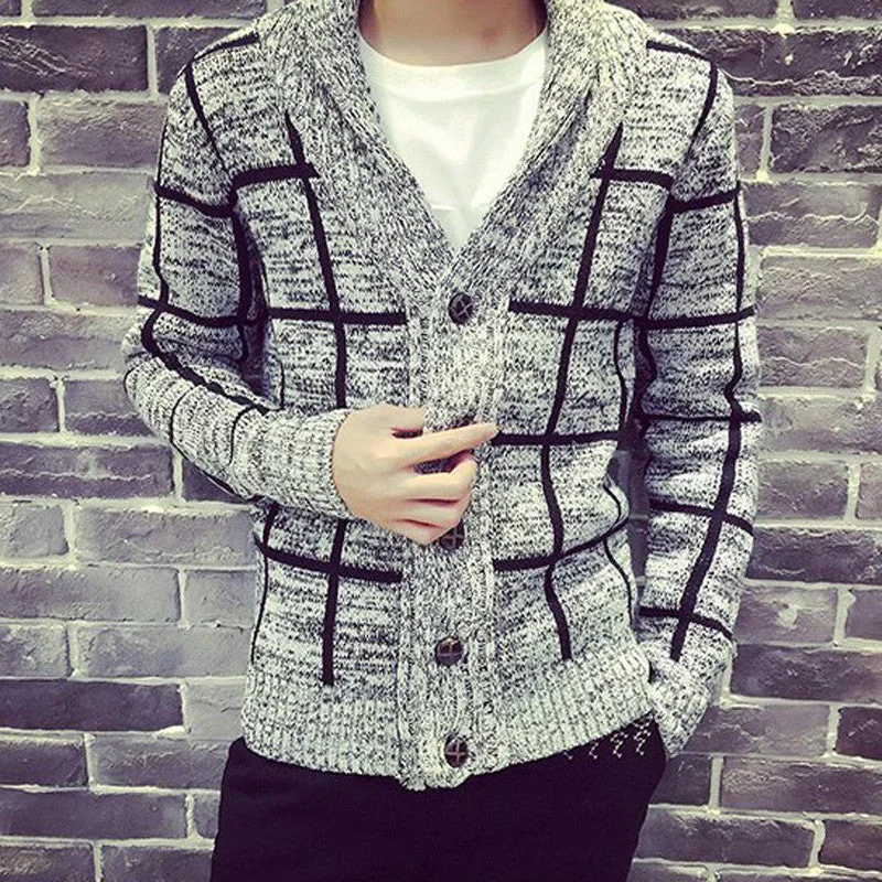 fall and winter men clothes men's plaid collar cardigan knit jacket sweater coat plus size good M to XXL 2colors