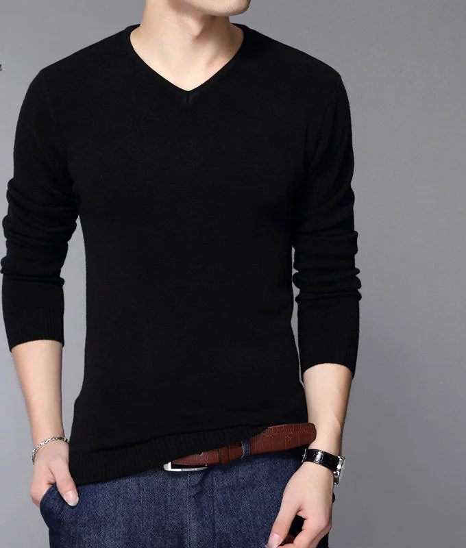 Fashion Slim Fit Sweater Men Classic Pure Black Pullover Men Solid Color V-Neck Pull Homme Cashmere Wool Sweaters Shirt 6638