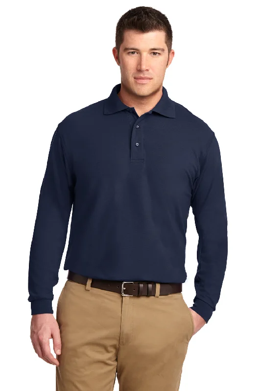 Port Authority Mens Silk Touch Wrinkle Resistant Long Sleeve Polo Shirt - Navy Blue