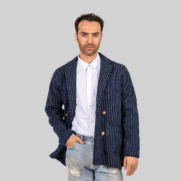 Handwoven Pinstripe Double-Breasted Jacket with Metallic Buttons