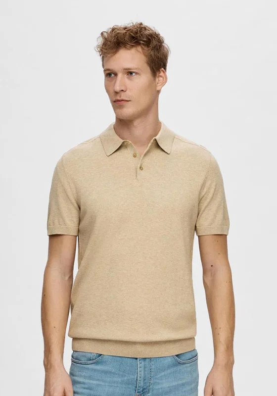 Selected Homme Berg Knit Polo Shirt, Kelp Melange