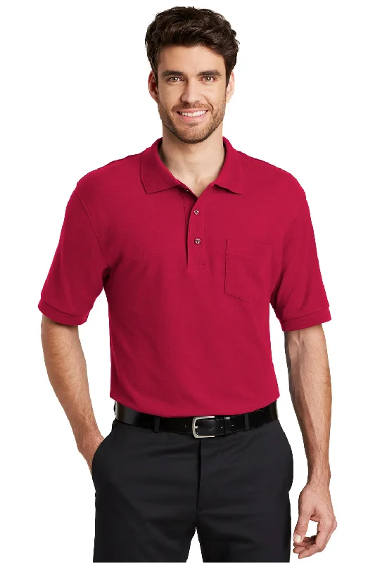 Port Authority Mens Silk Touch Wrinkle Resistant Short Sleeve Polo Shirt w/ Pocket - Red