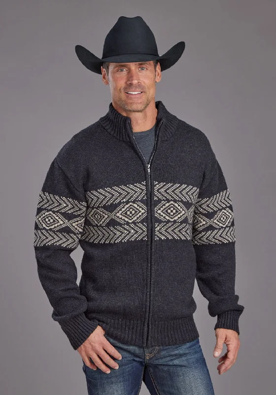 Stetson Mens Aztec Border Grey Cotton/Wool Cardigan Sweater