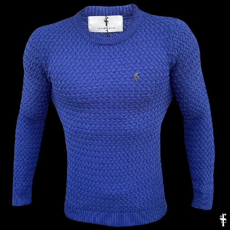 Father Sons Blue Knitted Weave Super Slim Jumper With Metal Decal - FSJ019