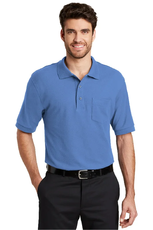 Port Authority Mens Silk Touch Wrinkle Resistant Short Sleeve Polo Shirt w/ Pocket - Ultramarine Blue