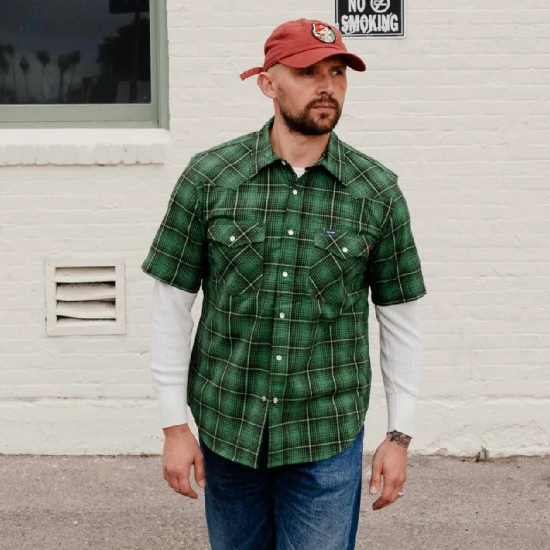 Iron Heart IHSH-386-GRN 5oz Selvedge Short Sleeved Western Shirt Green FINAL SALE