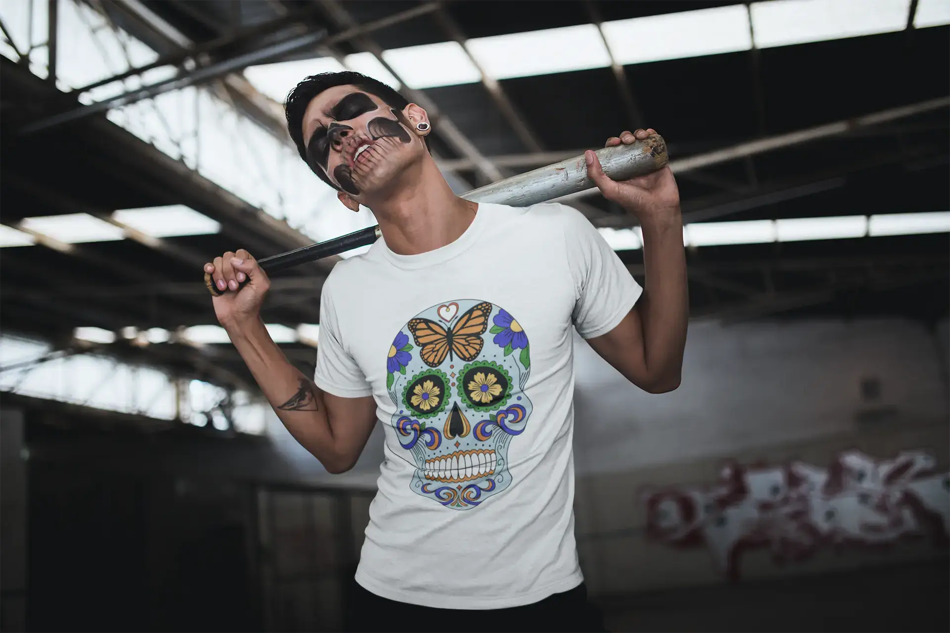 Day of the dead skull blue, Men's White tee, 100% Cotton 00187