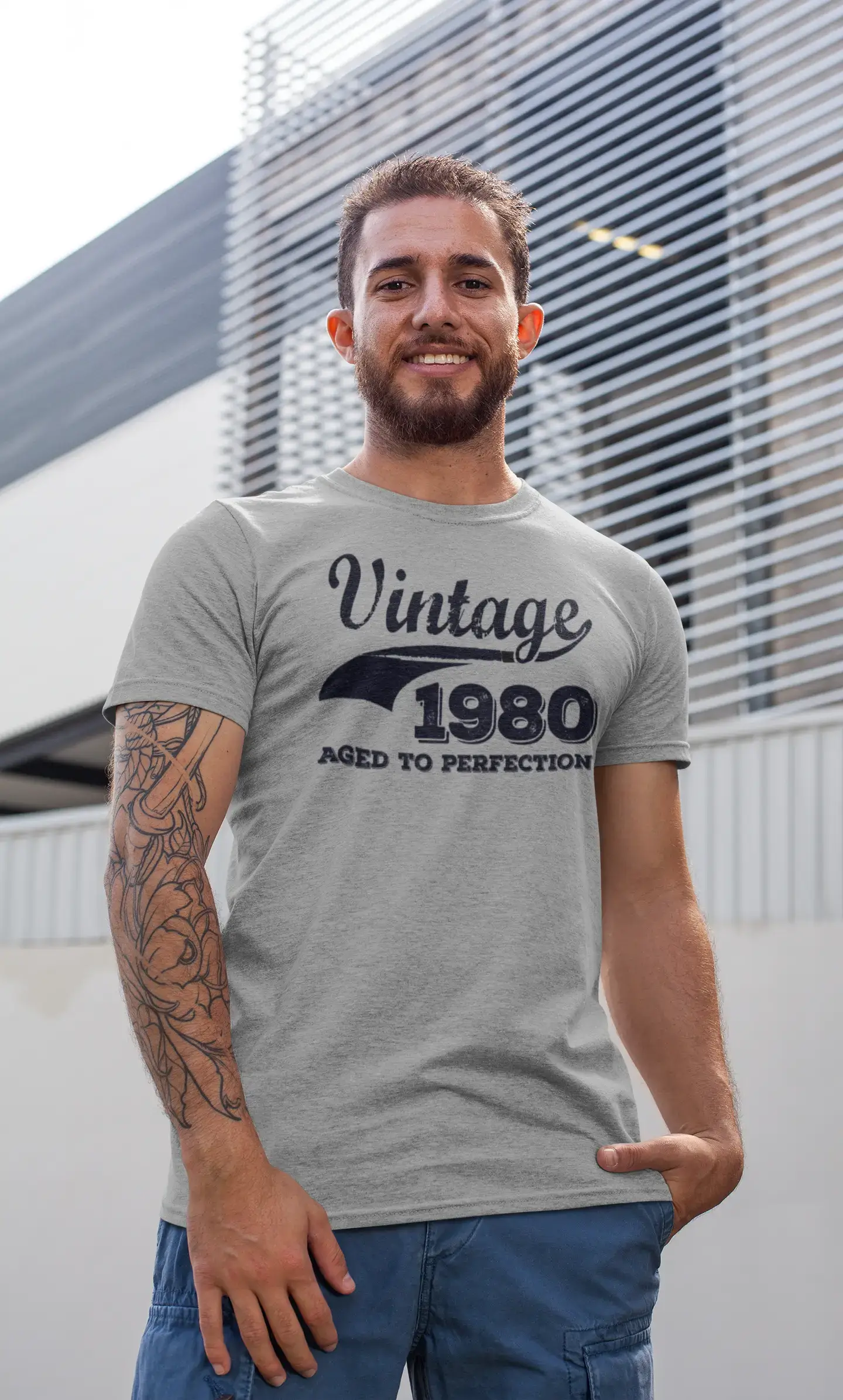 Vintage Aged to Perfection 1980, Grey, Men's Short Sleeve Round Neck T-shirt, gift t-shirt 00346